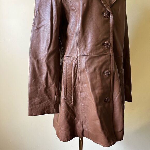Vintage Nine West Brownβ Leather Coat Large Button Front Y2K Trench Jacket - Picture 3 of 11